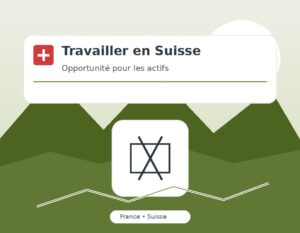 Illustration stylisée montrant des montagnes et des graphiques avec le texte "Travailler en Suisse" pour les opportunités professionnelles.