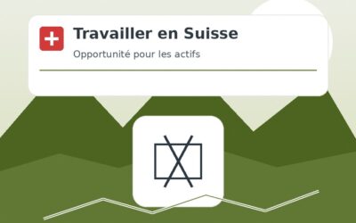 Illustration stylisée montrant des montagnes et des graphiques avec le texte "Travailler en Suisse" pour les opportunités professionnelles.