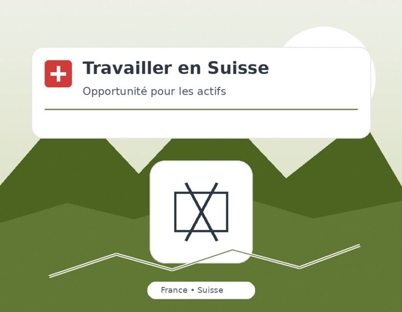 Illustration stylisée montrant des montagnes et des graphiques avec le texte "Travailler en Suisse" pour les opportunités professionnelles.