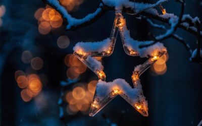 Étoile lumineuse enneigée accrochée à une branche, éclairage doux