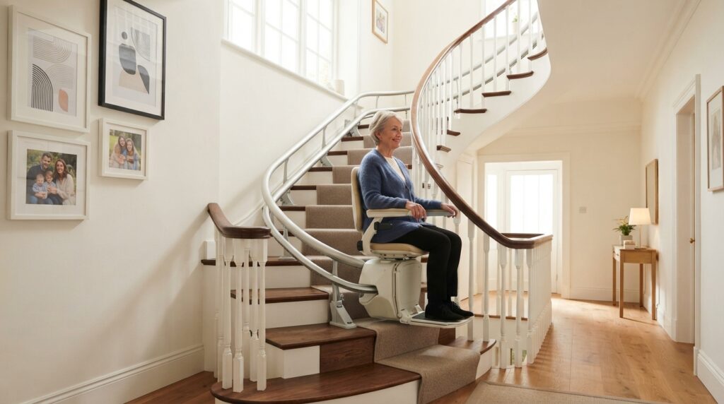 Monte-escalier moderne sur un escalier tournant, maison lumineuse